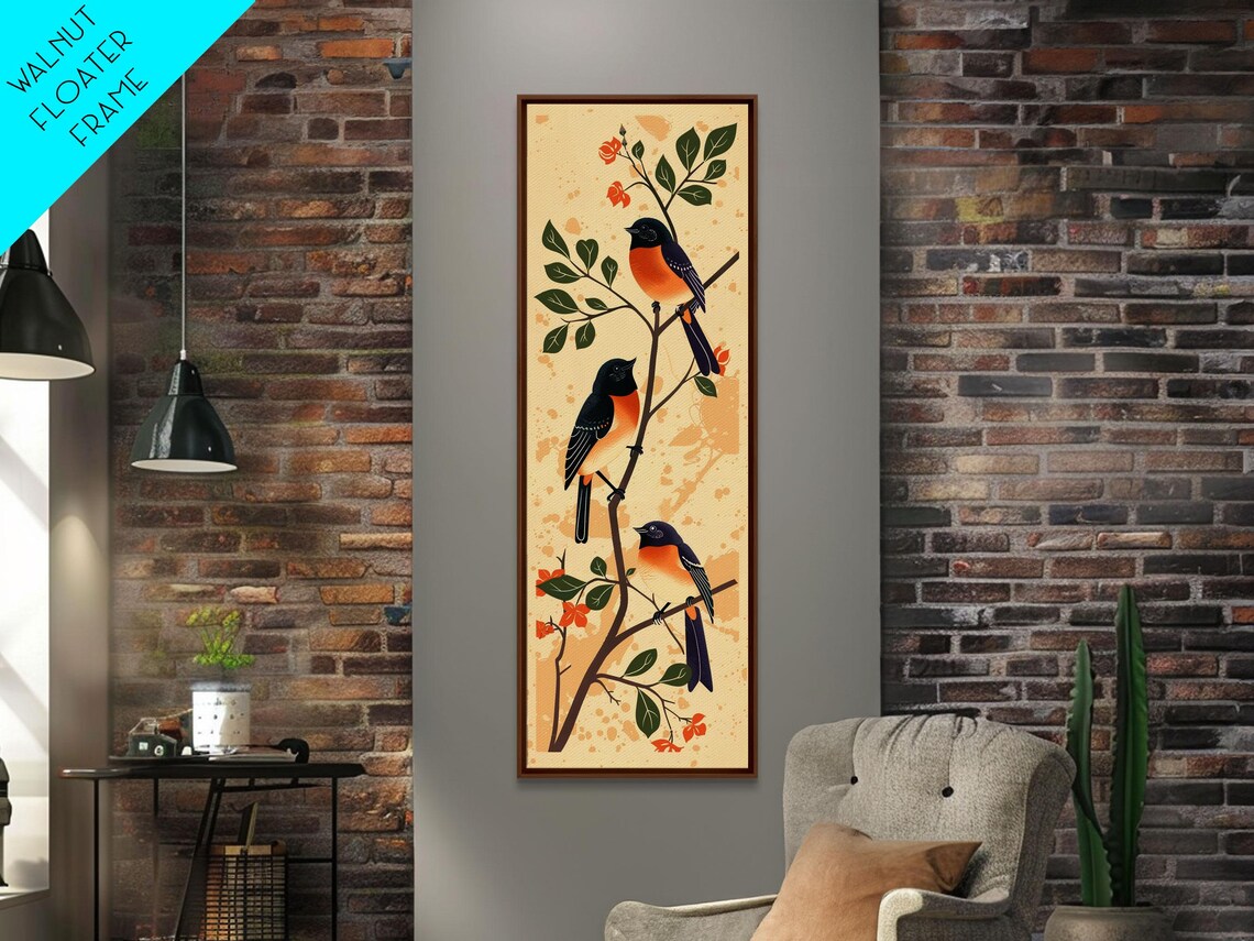 Three Songbirds Flowering Branch Folk Illustration Art Poster - Image 2