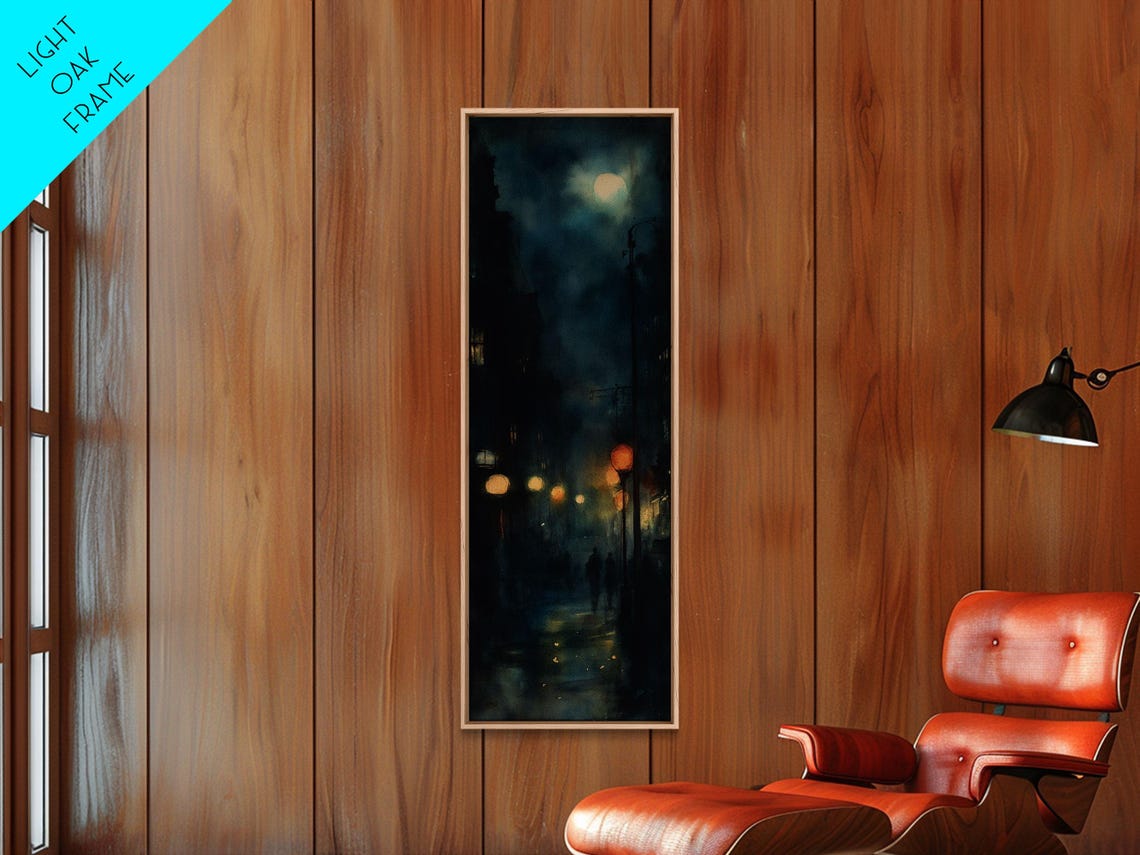 Moody Night Street Scene Glowing Lamps Rainy City Dark Art Poster - Image 2