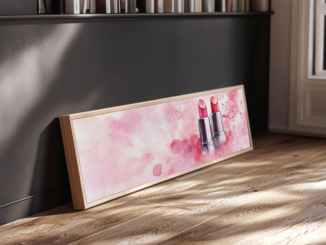 Pink Lipstick Duo Silver Tubes Watercolor Beauty Still Life Panoramic Art Poster - Image 3