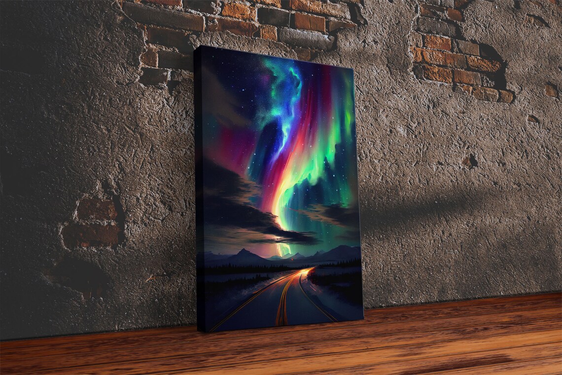 Winter Road Under Aurora Borealis, Mountain Art Print - Image 2