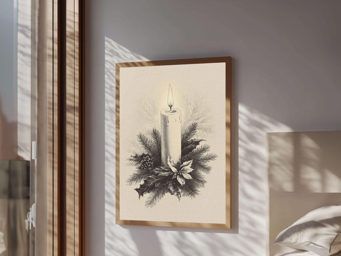 Lit Christmas Candle With Holly and Pine Vintage Sketch Holiday Poster - Image 2