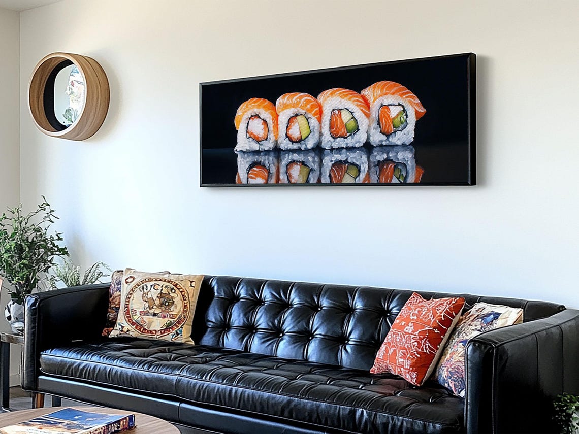 Salmon Sushi Rolls Row On Black Modern Kitchen Panoramic Art Poster - Image 2