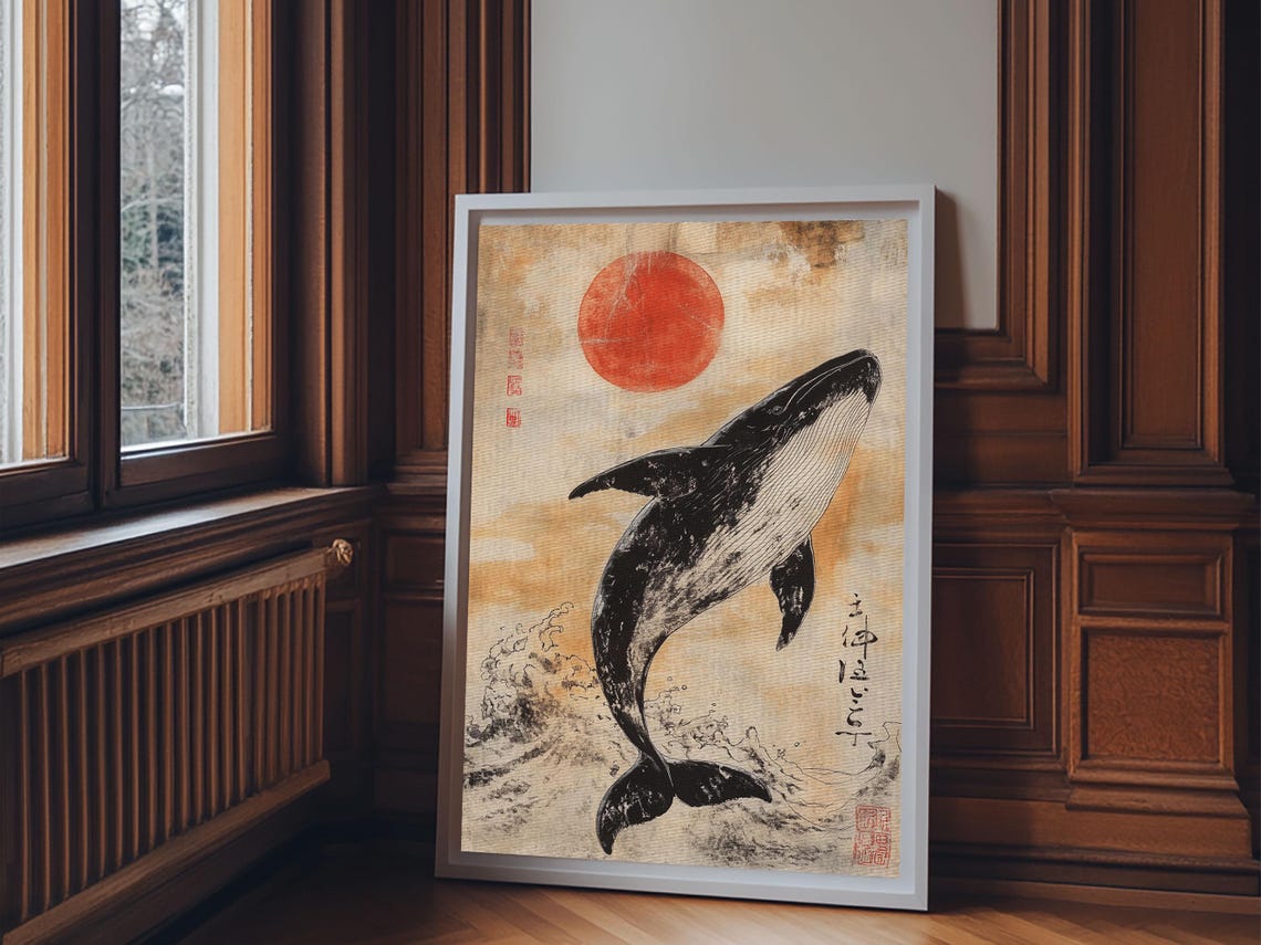 Japanese Ink Whale Under Red Sun Ocean Vintage Style Wall Poster - Image 2