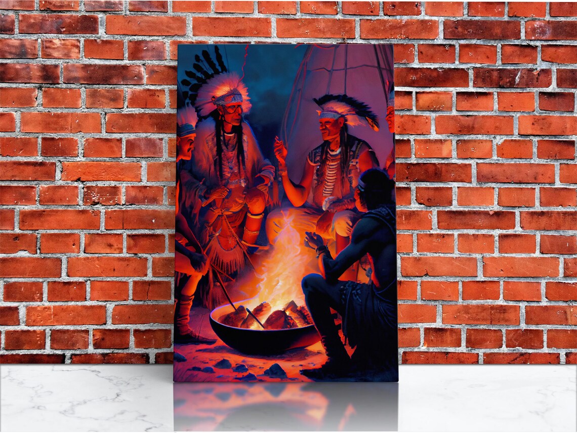 Native Americans at Campfire, Wild West Watercolor Art Print - Image 2