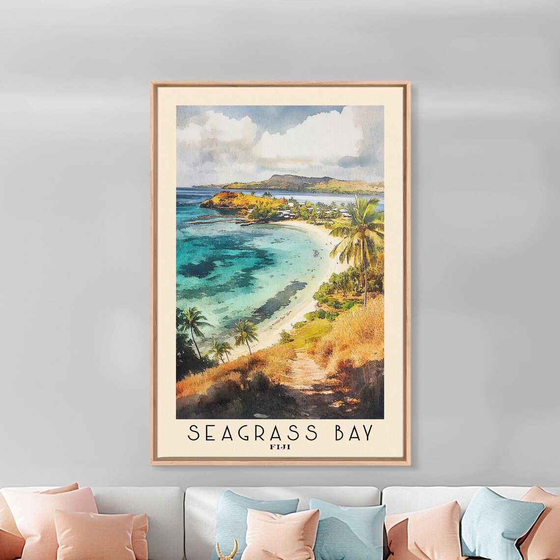 Seagrass Bay Fiji Coral Reef Turquoise Bay Aerial Palm Coast Travel Poster - Image 2