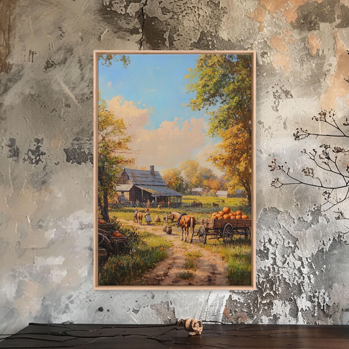 Autumn Farm Harvest Scene With Horse Wagon Pumpkins And Rustic Barn Poster - Image 2