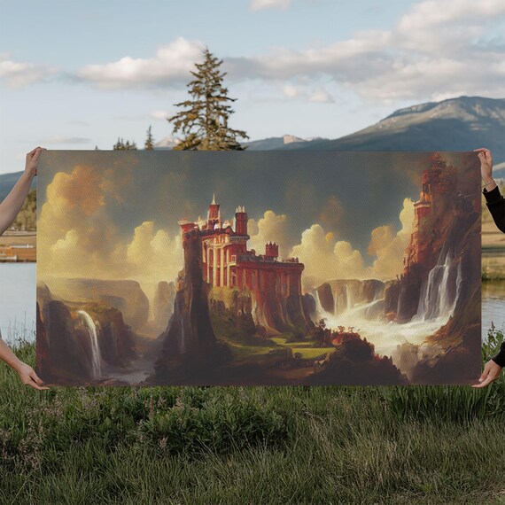 Fantasy Wall Art Print Castle In The Sky Castle Atop Mountains And Waterfalls Watercolor