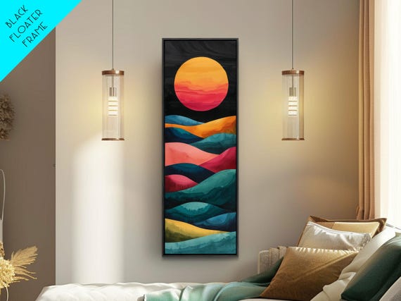 Abstract Sunset Over Hills Midcentury Modern Art Framed Print Boho Art Skinny Art Living Room Art Bedroom Decor Minimalist