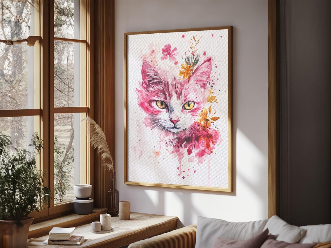 Watercolor Cat Face with Pink Floral Splashes Art Print Animal Wall Poster - Image 5