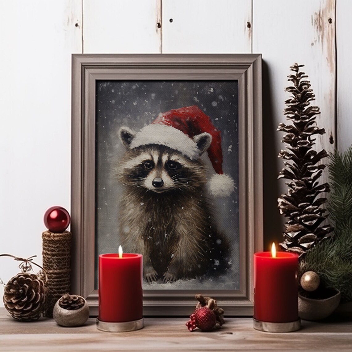 Christmas Raccoon in Santa Hat, Vintage Farmhouse Art Print - Image 3