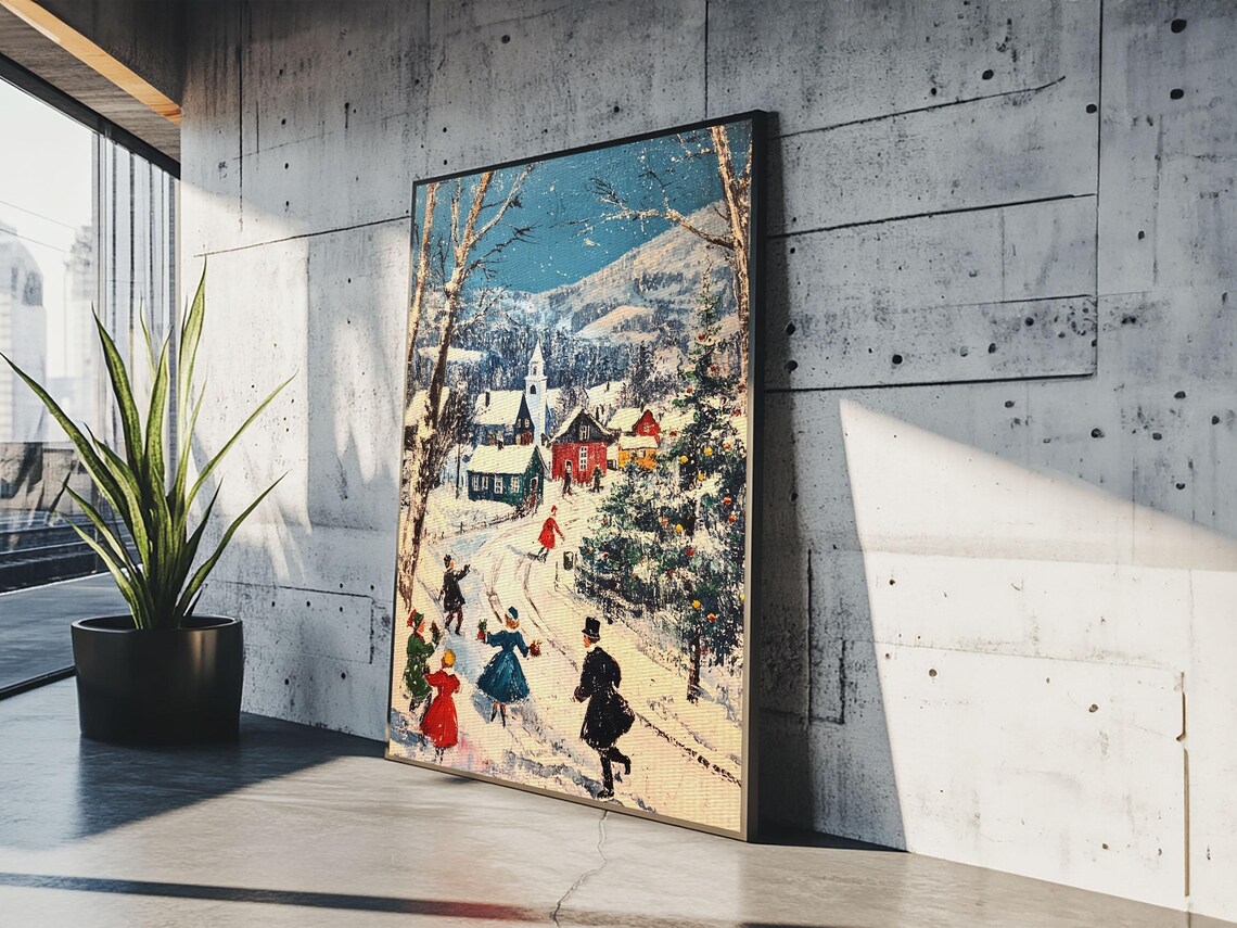 Ice Skaters Snowy Christmas Village Mountain Street Vintage Art Poster - Image 3
