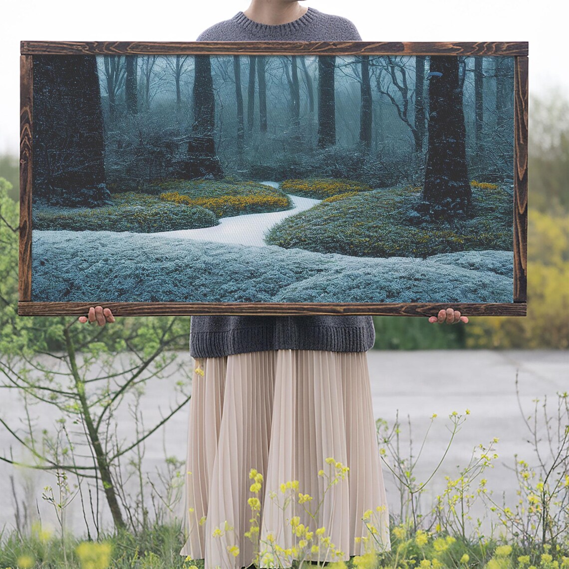 Snow Covered Winter Forest Path Tall Trees Frosty Blue Woodland Poster - Image 2