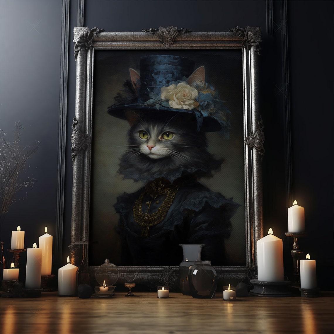 Victorian Cat Portrait In Blue Top Hat With Roses Gothic Wall Art - Image 4