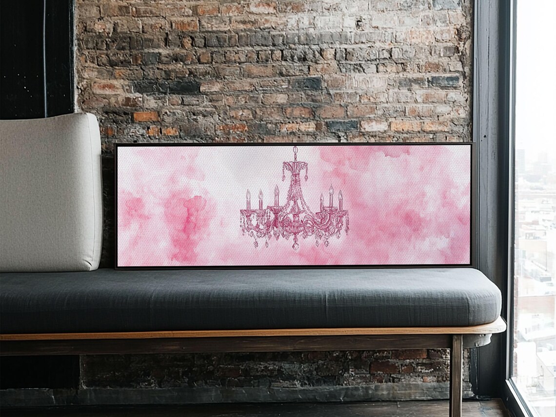 Pink Watercolor Crystal Chandelier Horizontal Elegant Wall Art Poster - Image 2