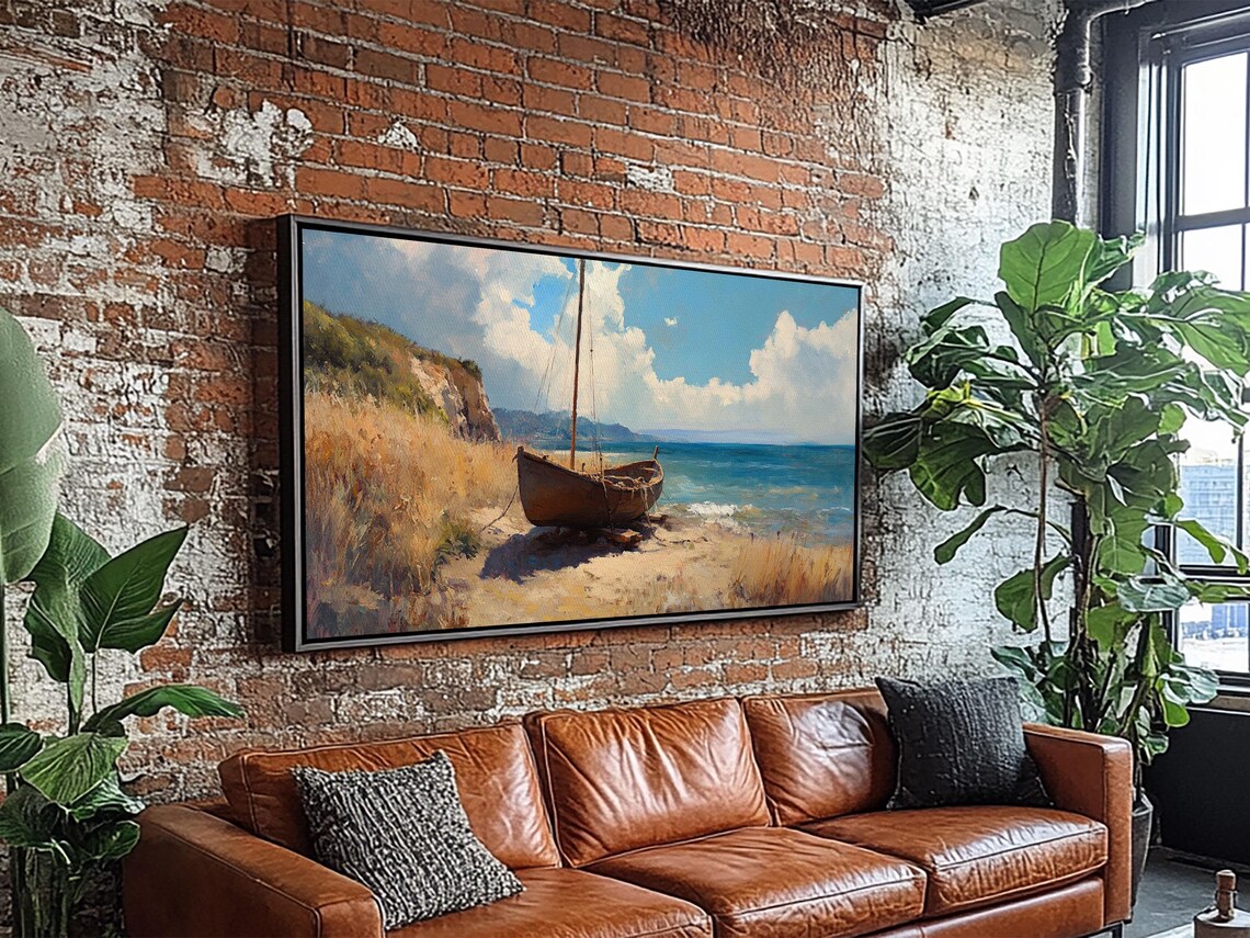 Wooden Sailboat Beached Coastal Shore Blue Sea Painting Travel Poster - Image 5