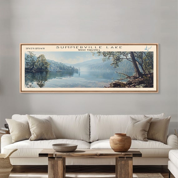 Summerville Lake West Virginia Panoramic Wall Art Framed Print Lake House Decor Travel Poster Lake Painting Living Room Decor