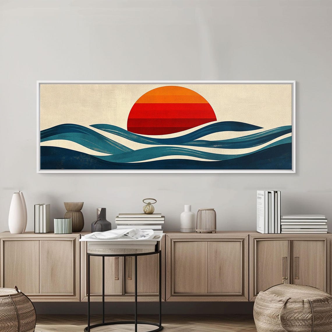Retro Sunset Over Ocean Waves Teal Navy Vintage Style Travel Poster - Image 6