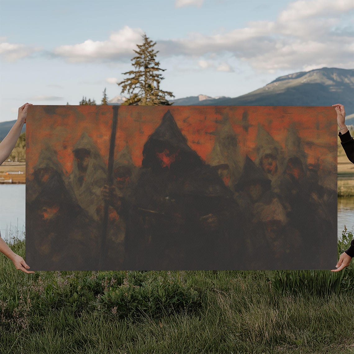 Hooded Cult Gathering Ritual Orange Night Sky Dark Horror Art Poster - Image 6