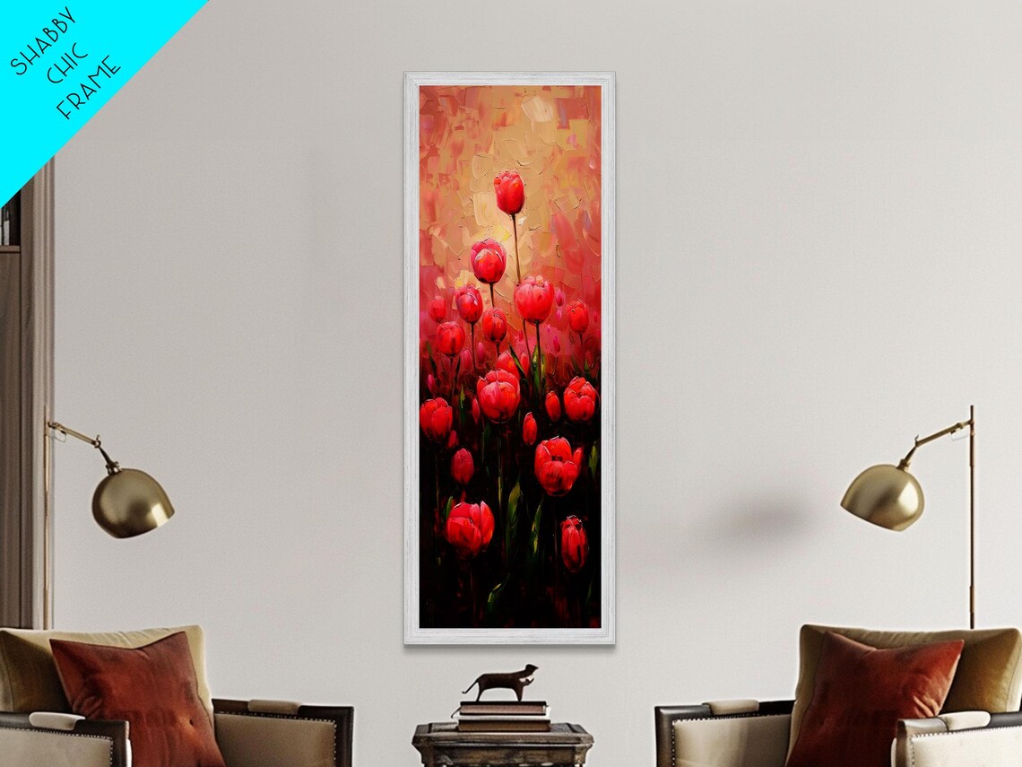 Vibrant Red Tulips Blooming Field Oil Painting Tall Floral Art Poster - Image 2