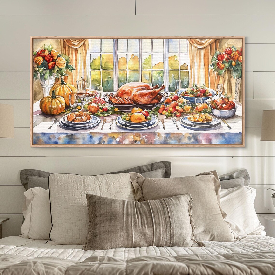 Autumn Thanksgiving Dinner Table Feast Turkey Pumpkins Watercolor Art Poster