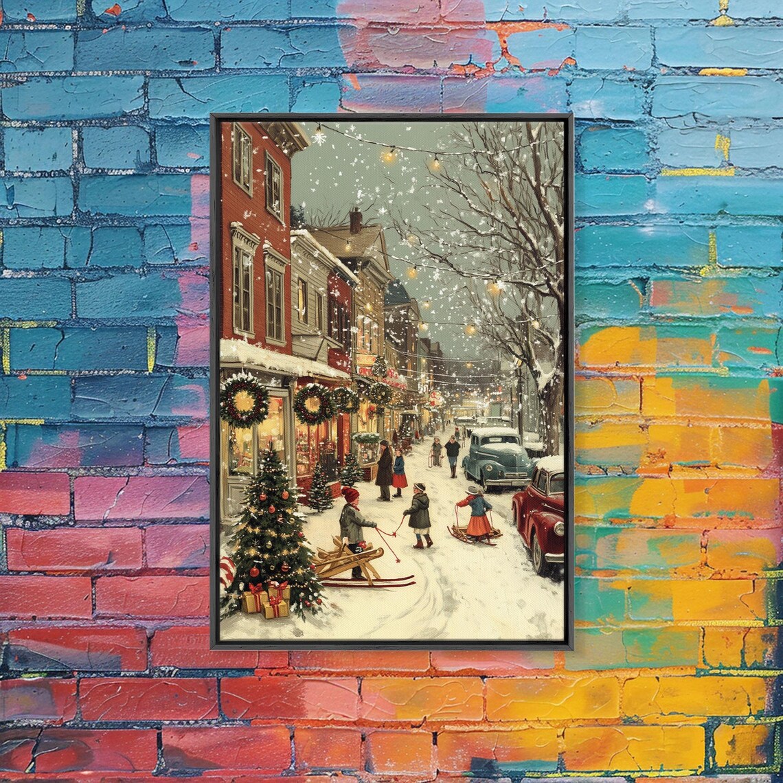 Vintage Christmas Town Scene, Winter Holiday Art Print - Image 3