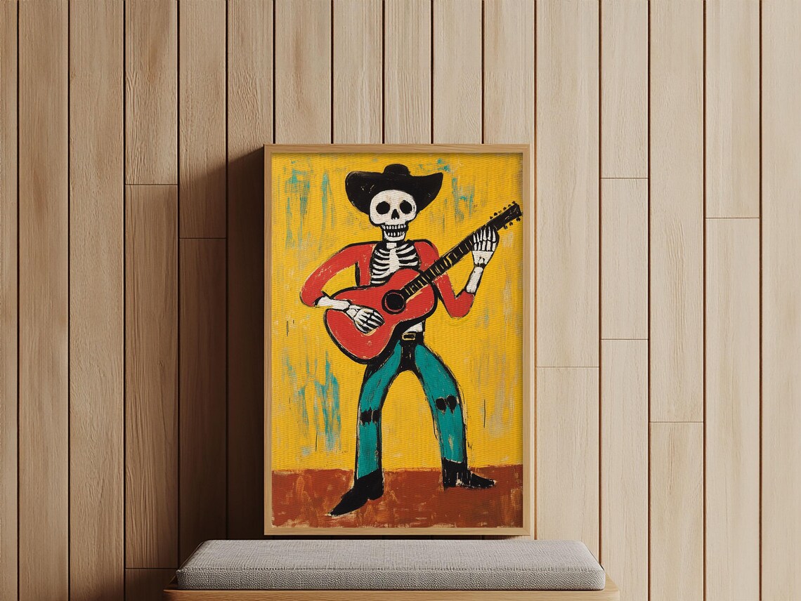 Cowboy Skeleton Guitarist Vaquero Day Of The Dead Folk Art Print - Image 3