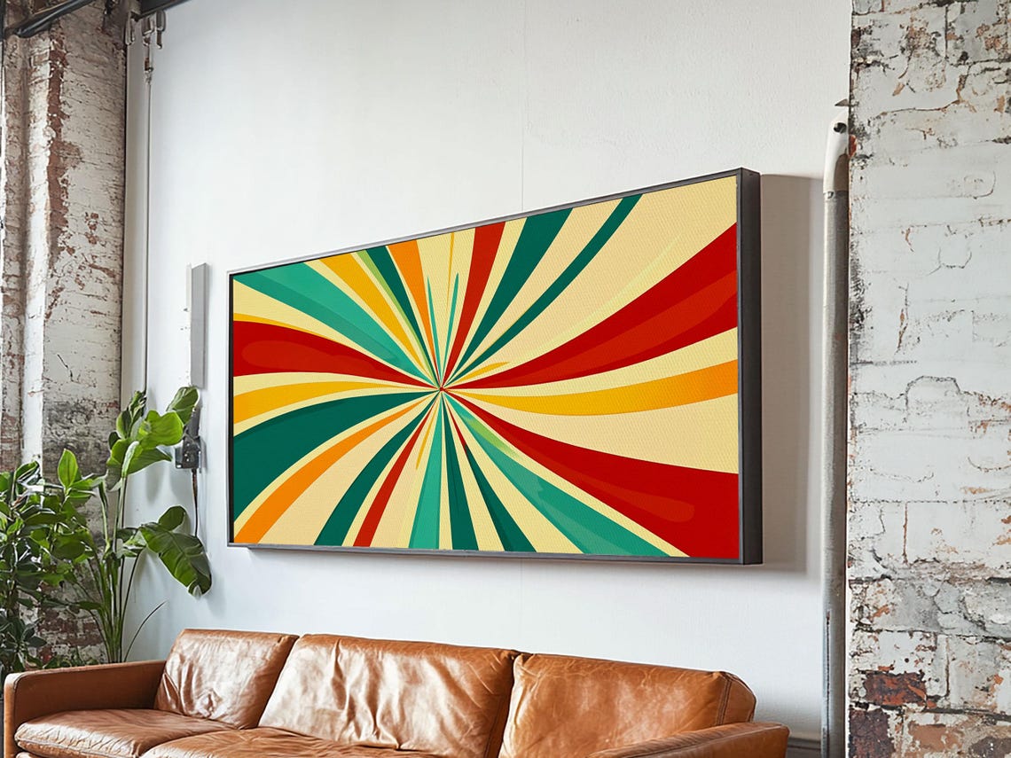 Retro Psychedelic Starburst Sun Rays Teal Red Yellow Atomic Print - Image 3