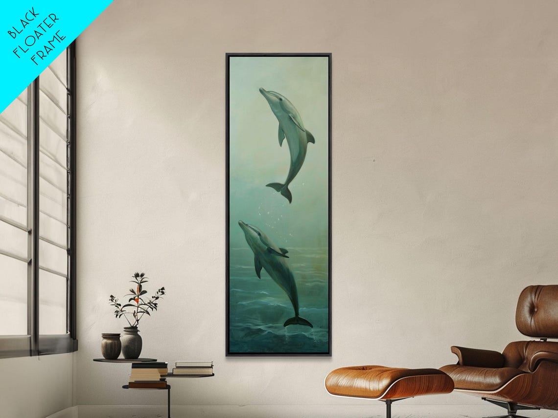 Two Dolphins Swimming Upward In Soft Green Ocean Water Serene Poster - Image 4