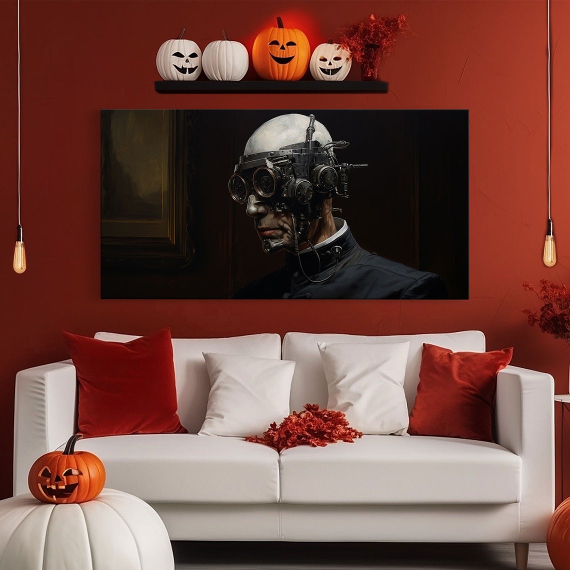 Bald Steampunk Cyborg With Goggles Dark Panoramic Horror Poster - Image 5