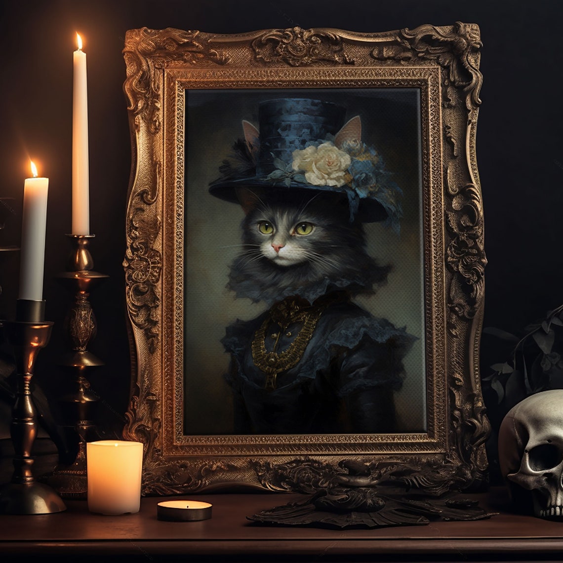 Victorian Cat Portrait In Blue Top Hat With Roses Gothic Wall Art - Image 5