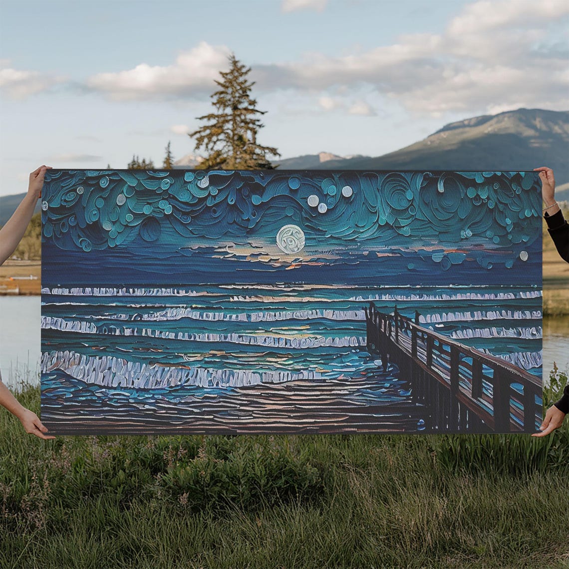 Full Moon Ocean Waves Wooden Pier Starry Night Impasto Seascape Poster
