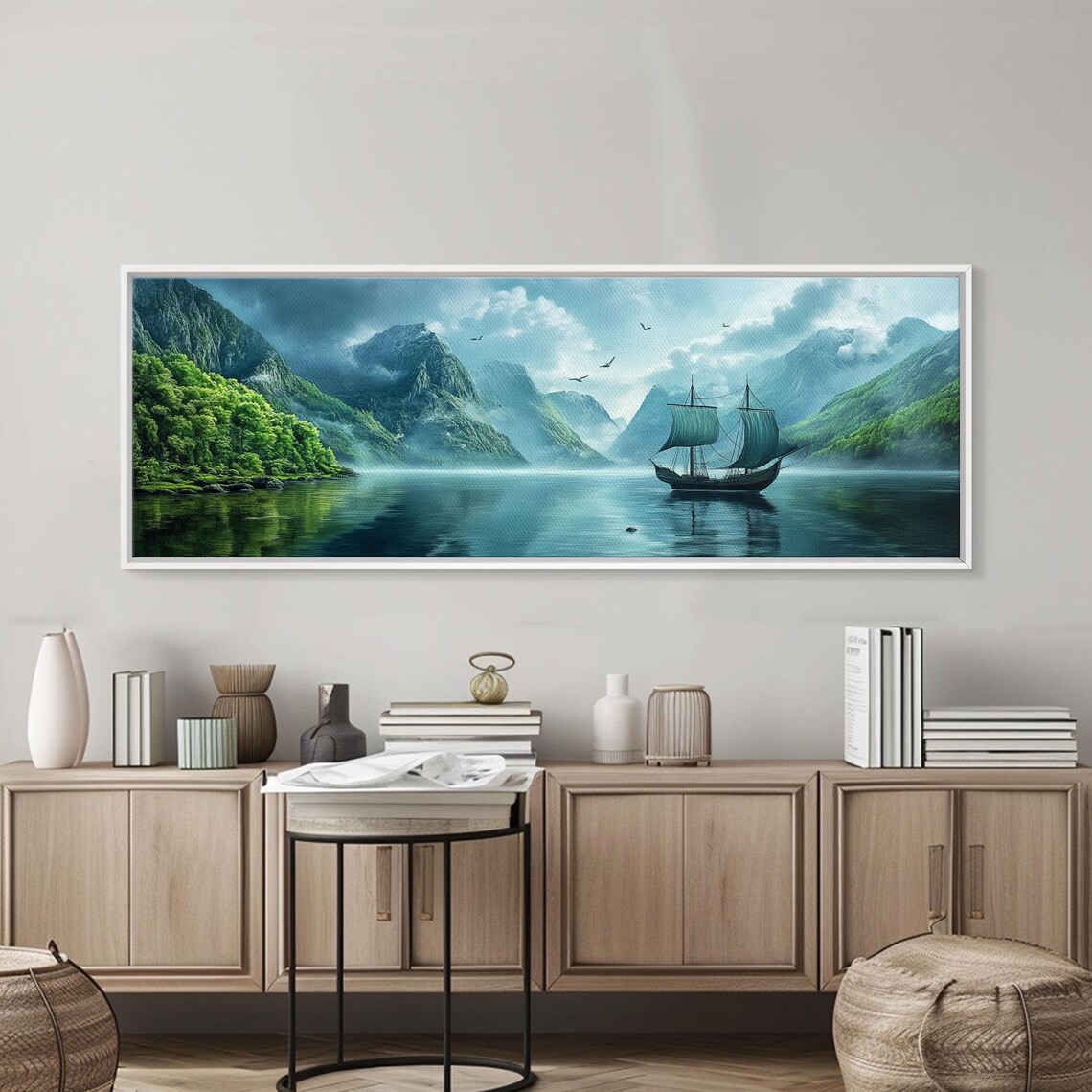 Misty Mountain Fjord Sailing Ship Fantasy Bay Oil Painting Poster