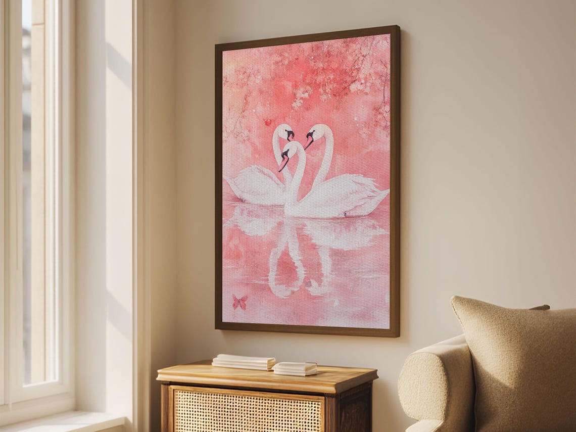 Three White Swans Cherry Blossom Pink Watercolor Romantic Art Print