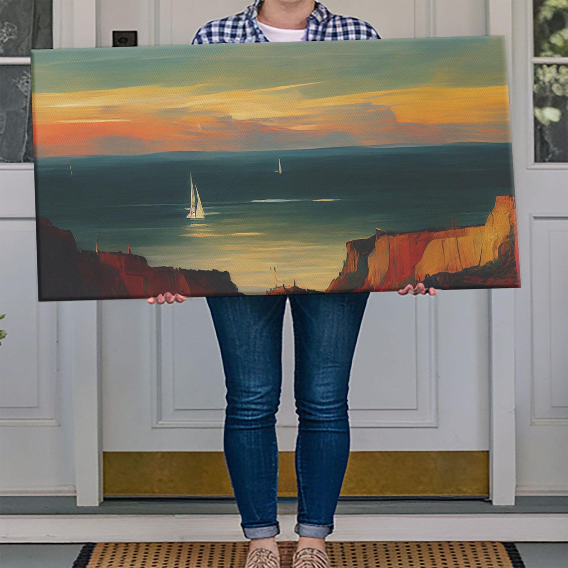 Print Of Sail Boats On The Ocean Sailing At Sunset Cool Lakehouse Art Living Room Wall Art Sailboats Watercolor - Image 4