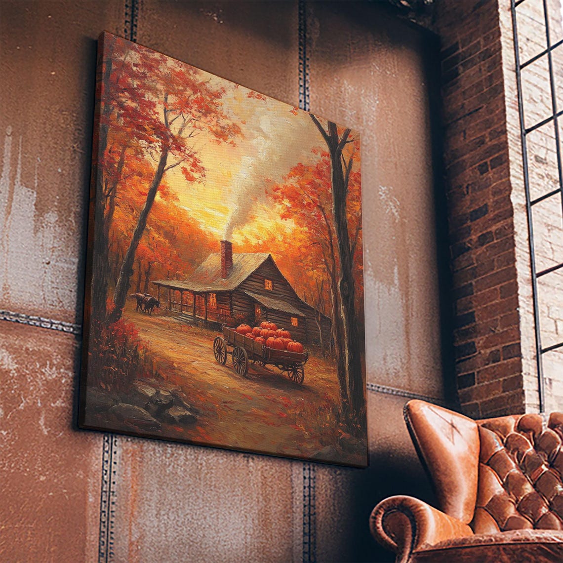 Autumn Cabin With Pumpkin Wagon In Fiery Fall Forest Dusk Poster - Image 4