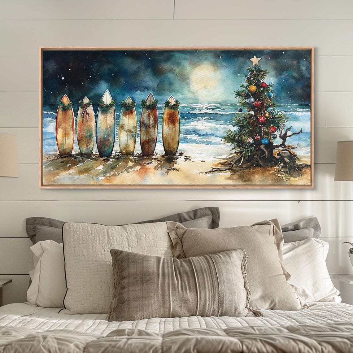 Christmas Surfboards Night Beach Moonlit Ocean Holiday Tree Art Poster