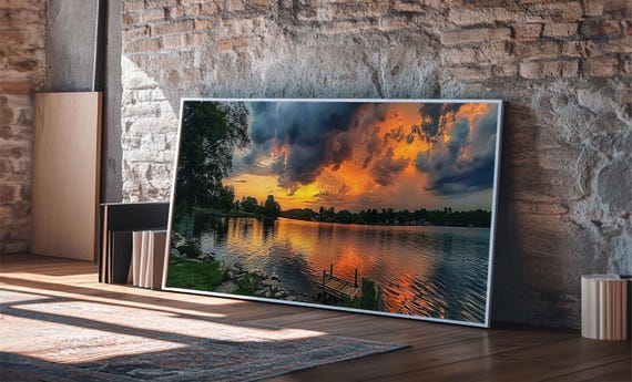 Sunset On The Lake Framed Print Lakehouse Decor Rustic Modern Farmhouse Wall Art Photography Style Landscape Art