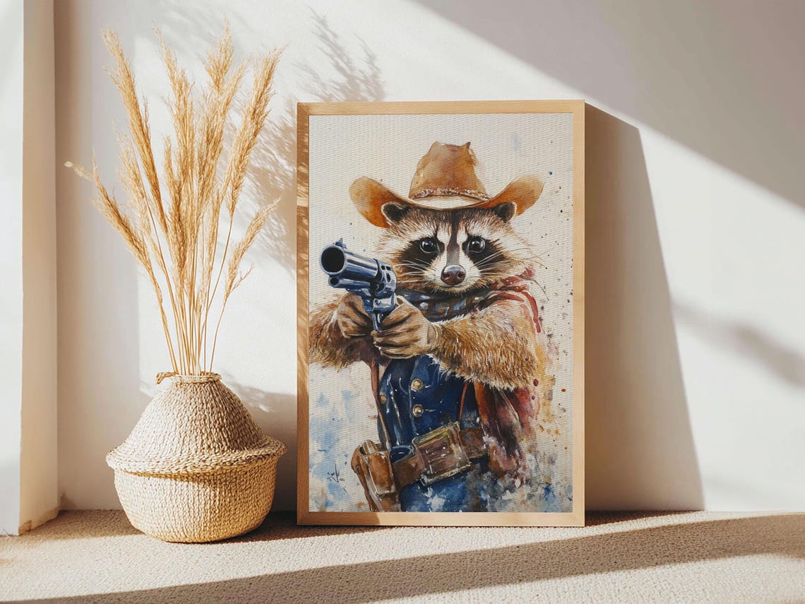Rootin Tootin Racoon Cowboy Framed Print Ready To Hang Racoon Painting - Image 4