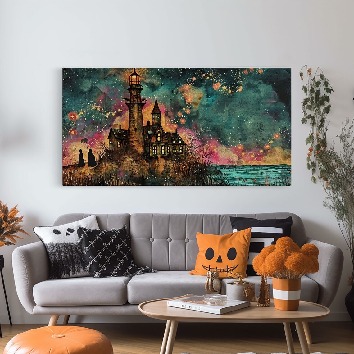Haunted Lighthouse Seaside Cliff Colorful Starry Sky Midcentury Halloween Poster - Image 5