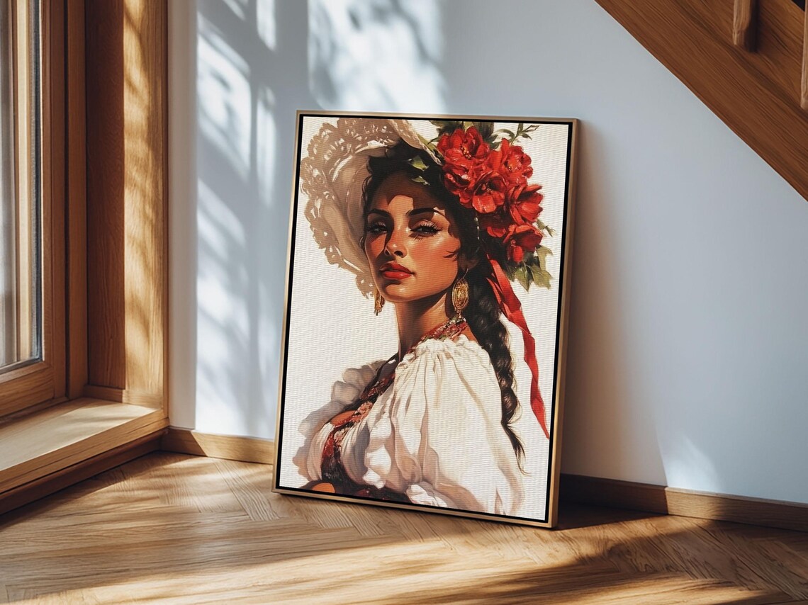 Latina Woman Portrait With Red Flowers In Hair Maximalist Wall Art - Image 3
