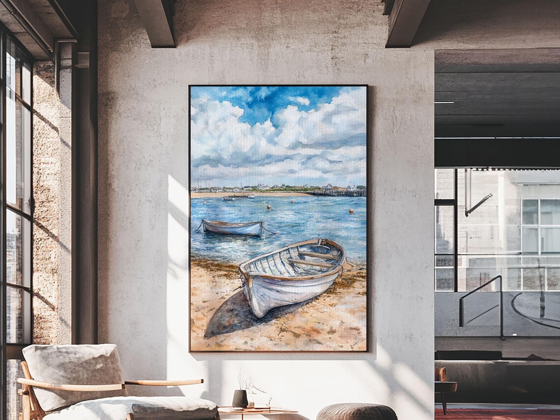 Wooden Rowboats On Shore Watercolor Coastal Beach Nautical Scene Poster