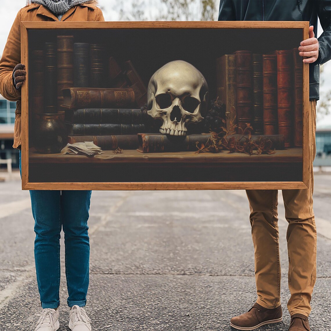 Human Skull On Bookshelf Among Old Books Dark Academia Poster - Image 3