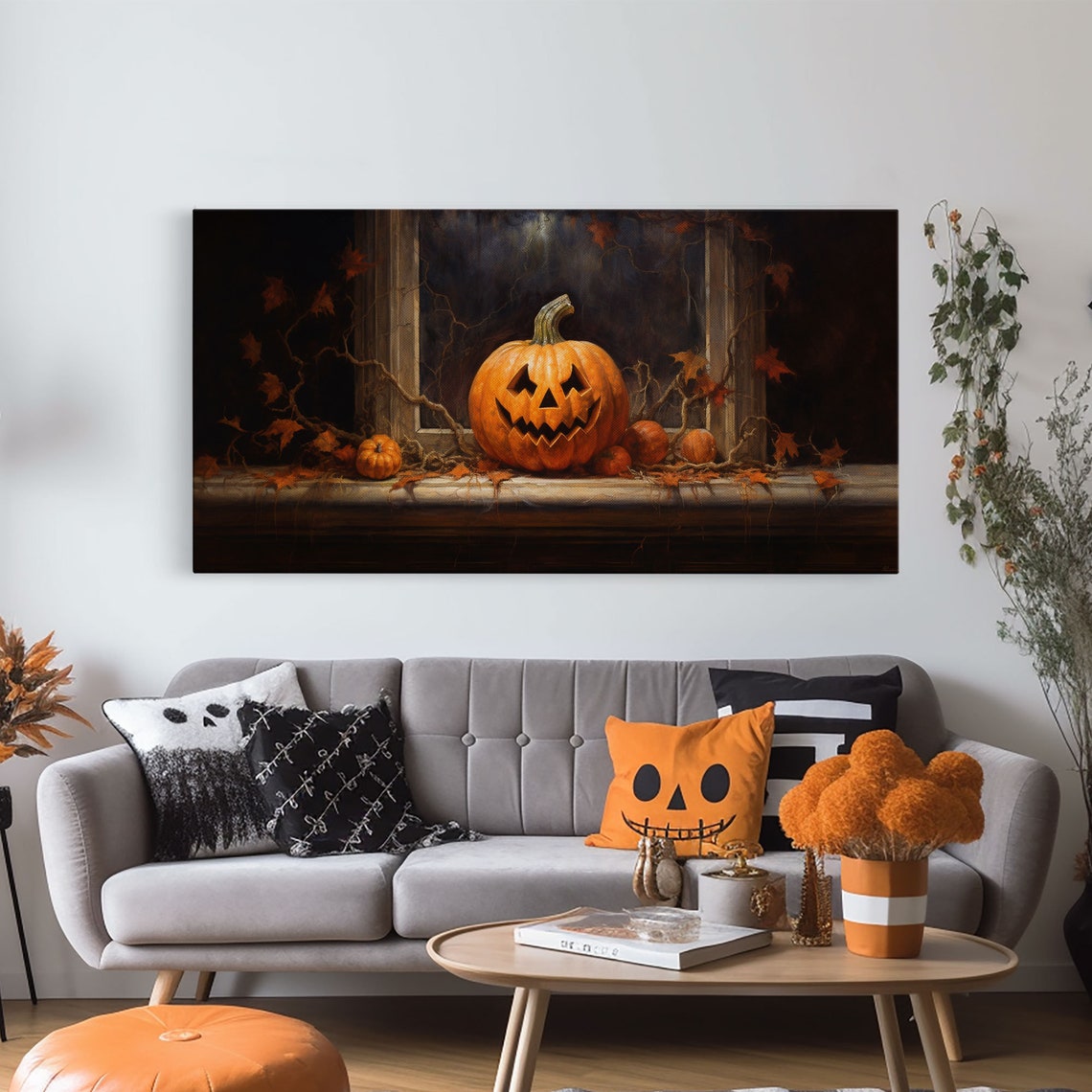 Jack O Lantern On Moonlit Window Sill With Vines Halloween Print - Image 5