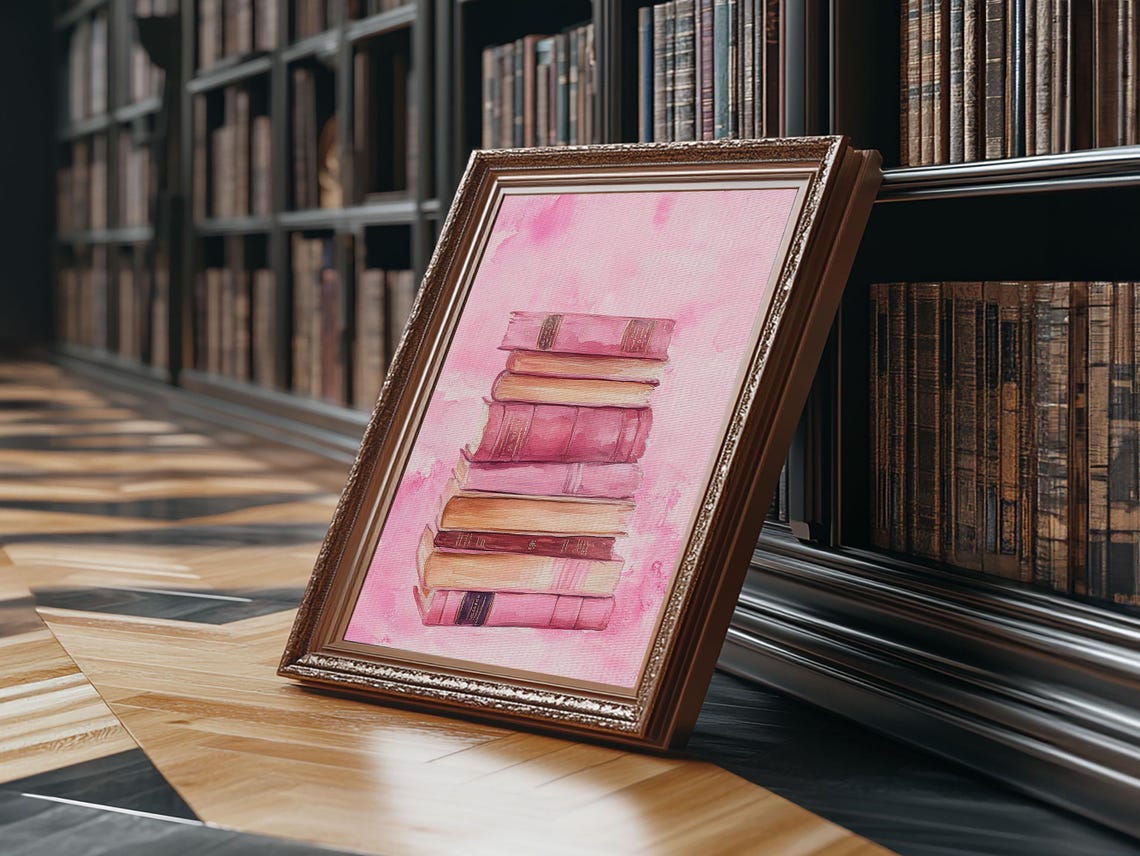 Pink Book Stack Watercolor Cozy Reading Library Room Decor Art Print - Image 6