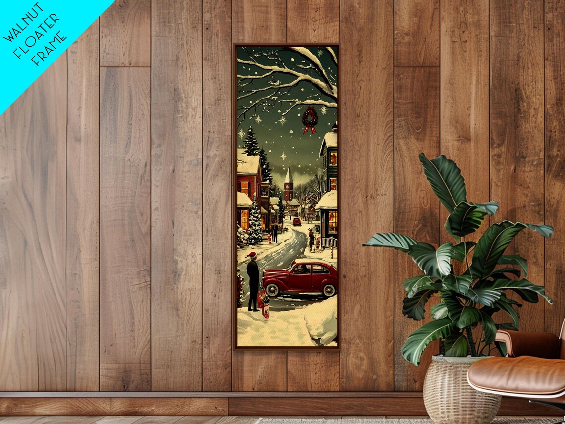 Snowy Night Street Red Vintage Car Wreath Church Christmas Poster - Image 3