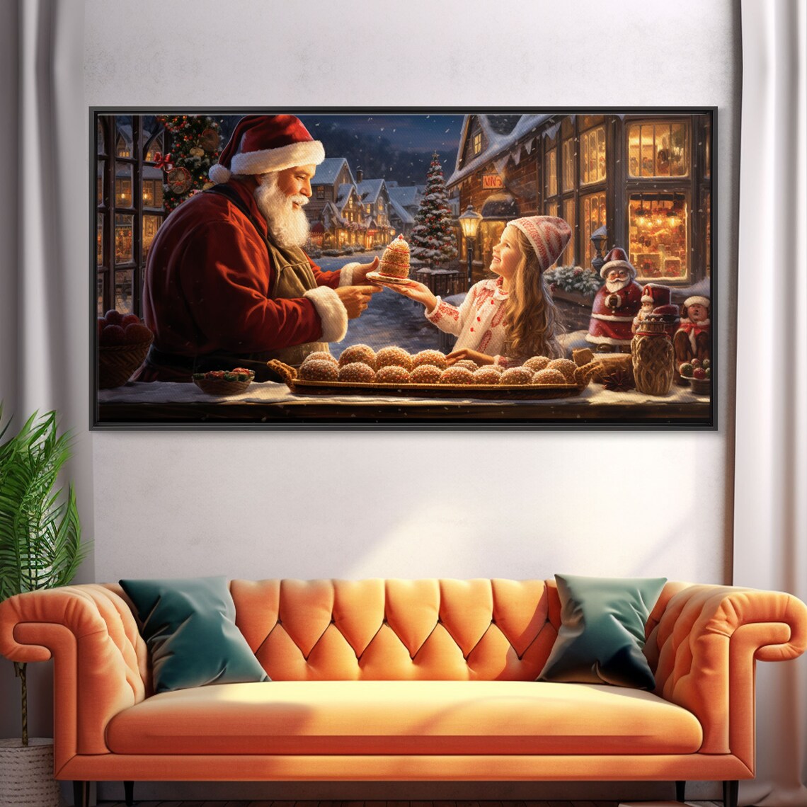 Santa Sharing Christmas Cake With Little Girl Village Poster - Image 4