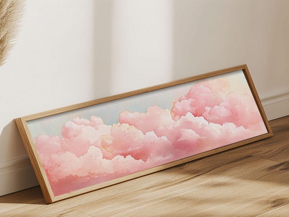 Dreamy Pink Clouds Print Light Pink Wall Art Minimalist Sky Art Bedroom Decor Soft Pastel Landscape Art Horizontal Wall Art