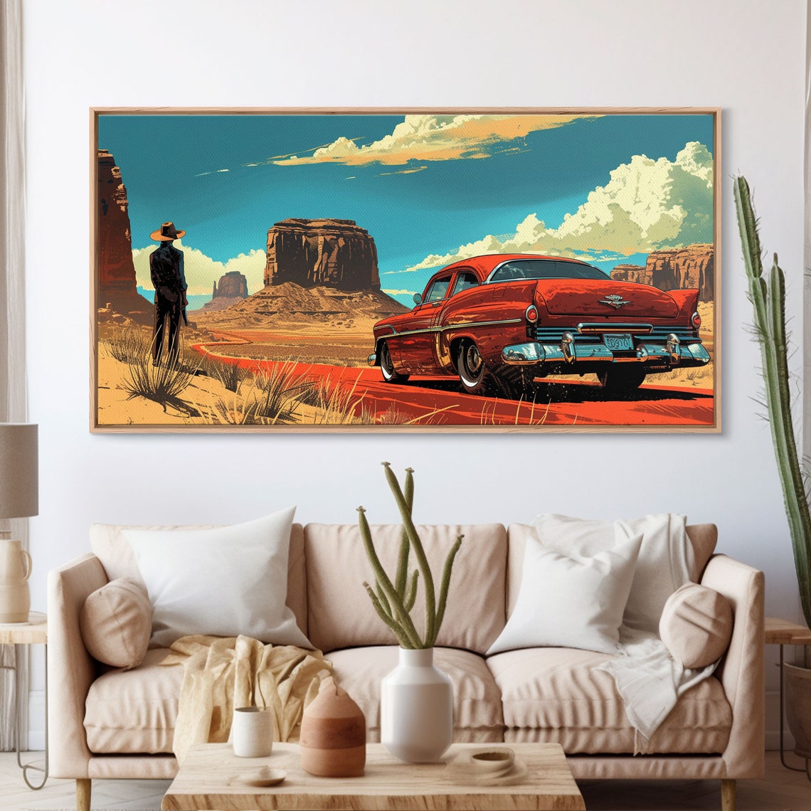 Red 1950s Classic Hot Rod Desert Highway Cowboy Pop Art Poster - Image 3