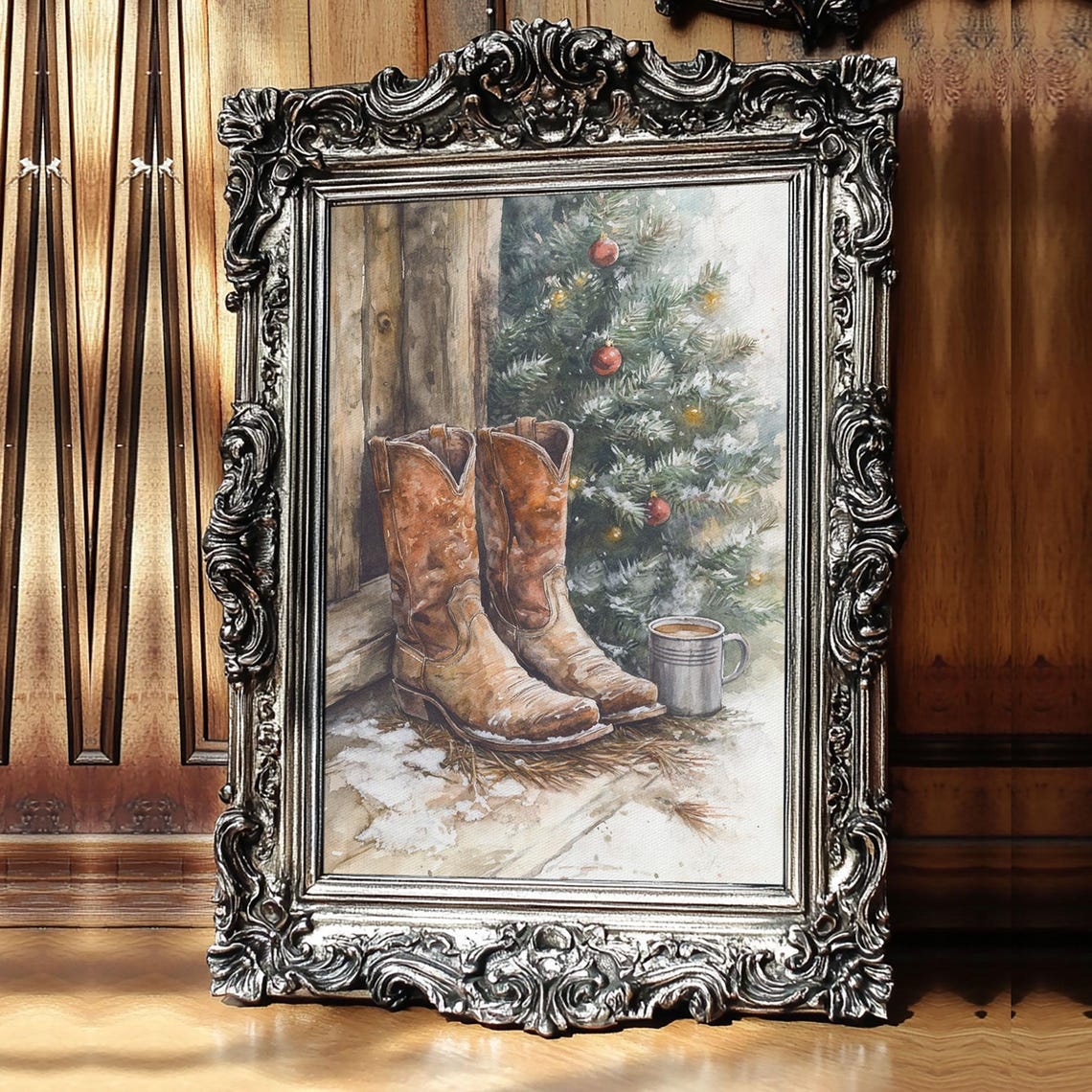Cowboy Boots By Christmas Tree With Cocoa Mug Western Holiday Poster - Image 3