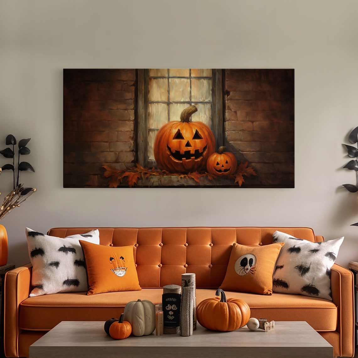 Jack O Lanterns On Old Window Sill With Autumn Leaves Poster - Image 4
